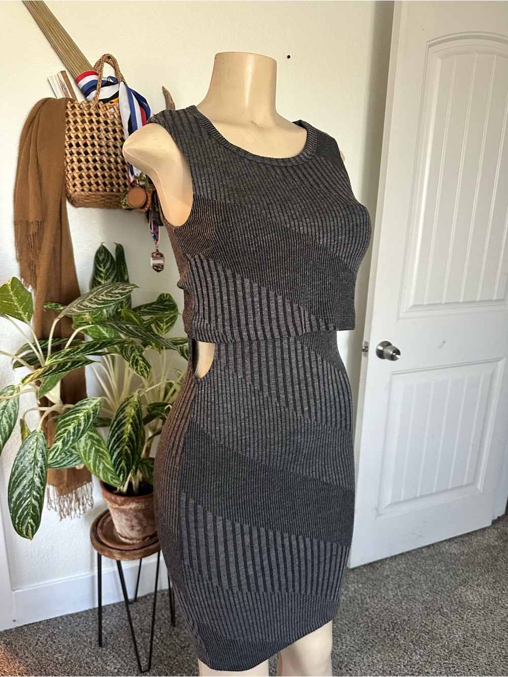 feathers Sleeveless Diagonal Rib Knit Maxi Dress in Charcoal
